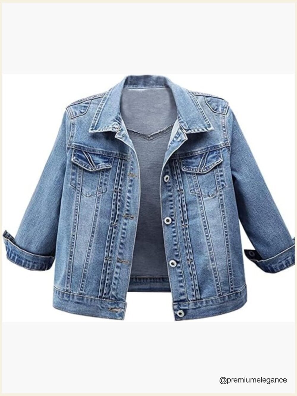 Crop Denim Jean Trucker Jacket 3/4 Sleeve Distressed Slim Fit